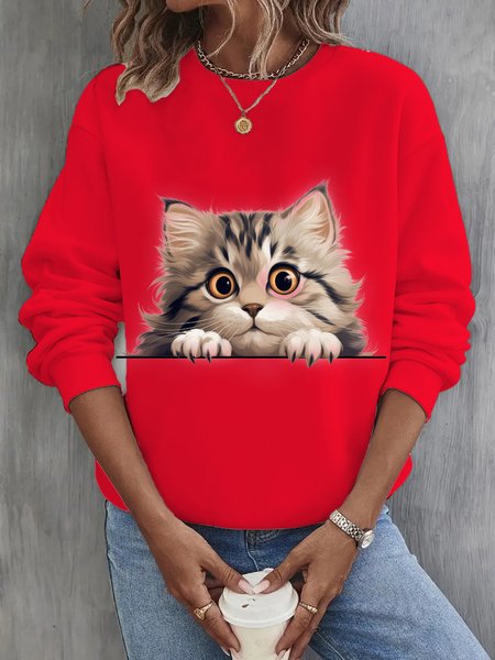 

Women's Crew Neck Cat Casual Spring/Fall Long Sleeve Sweatshirt, Red, Sweatshirts & Hoodies