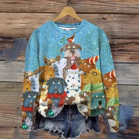 

Casual Crew Neck Christmas Sweatshirt, Blue, Hoodies & Sweatshirts