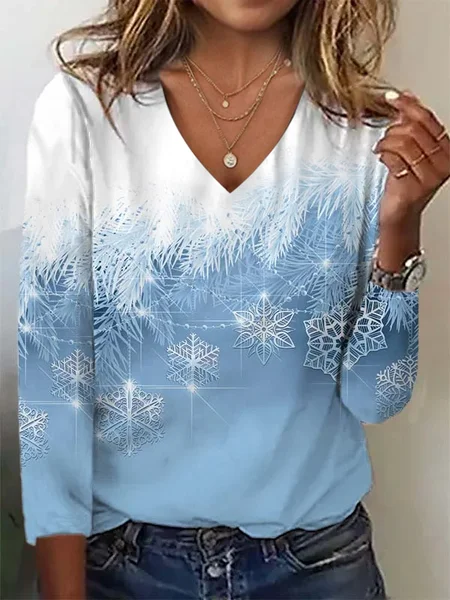 Casual Christmas V-Neck Long Shirt, Blue, Long sleeves