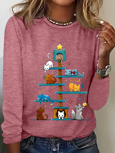 

Christmas House Tree Cats Casual Long Sleeve Shirt, Watermelon, Long sleeves