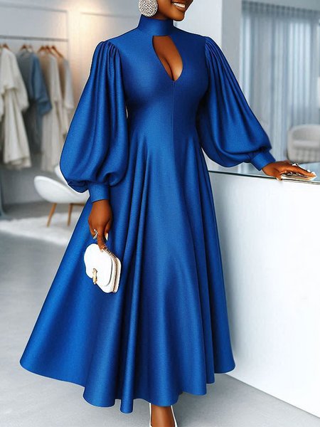 

Elegant Stand Collar Balloon Sleeve Party Maxi Dress, Blue, Maxi Dresses