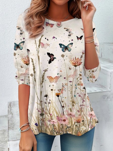 

Casual Floral Crew Neck Long Sleeve T-shirt, Apricot, Blouses