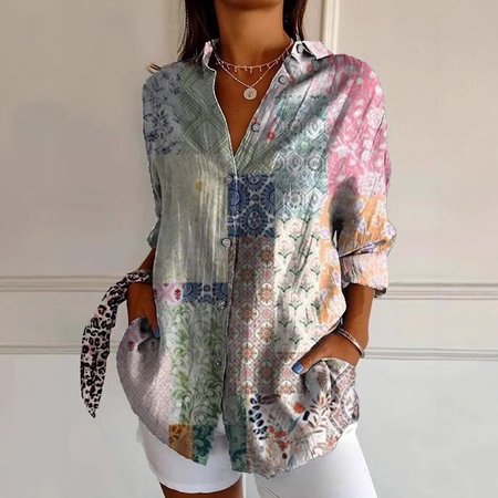 Shirt Collar Long Sleeve Geometric Regular Loose Shirt For Women, Pink, Shirts