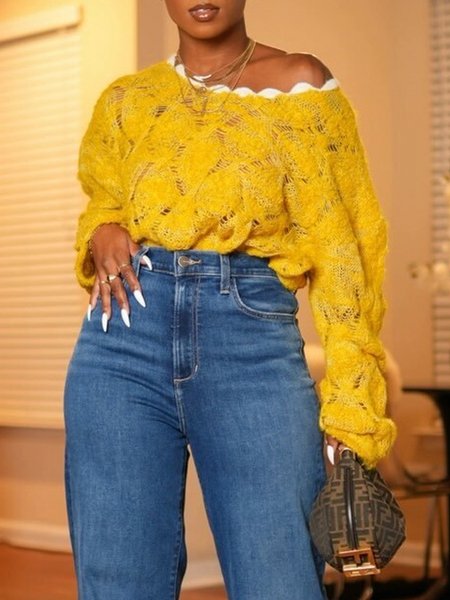 Casual Loose Lace Plain Sweater, Yellow, Cardigans