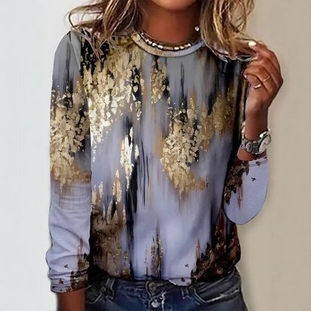 

Casual Striped Crew Neck Long Sleeve T-shirt, Silver, T-shirts
