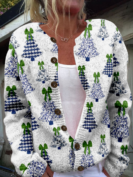 

Women Knitted 3D Printing Long Sleeve Comfy Vintage Cardigan, Green, Cardigans