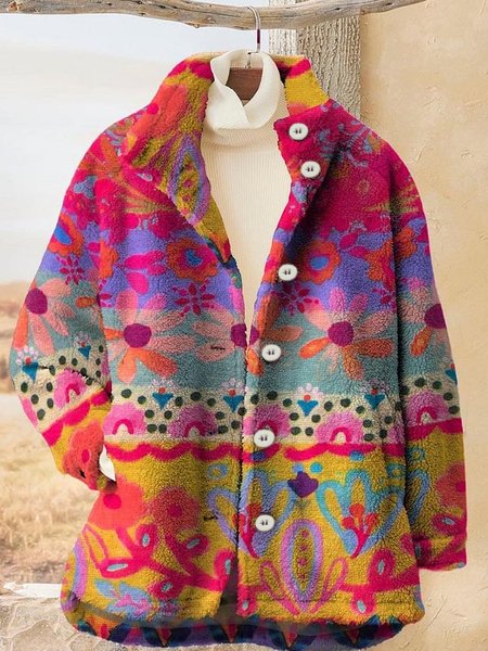 

Women's Autumn Outerwear Casual Fluff/Granular Fleece Fabric Ethnic Long Sleeve Jacket, Orange red, Jackets