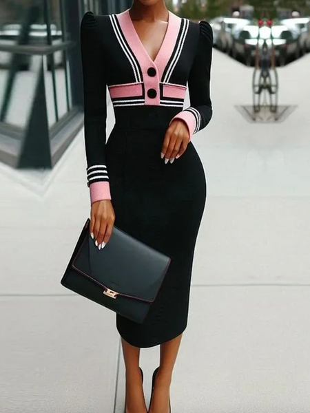 

Plus Size Color Block Elegant Tight Sweater Dress, Black, Plus Dresses