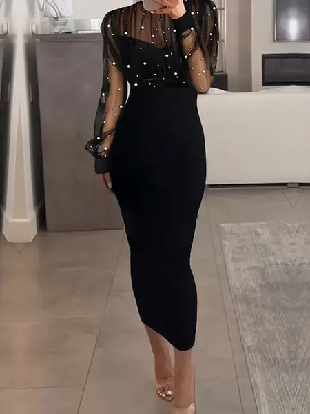 Plus Size Medium Elasticity Elegant Plain Midi Dress, Black, Plus Dresses