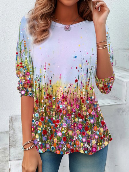

Floral Print Long Sleeve Crew Neck T-shirt, Multicolor, Long sleeves