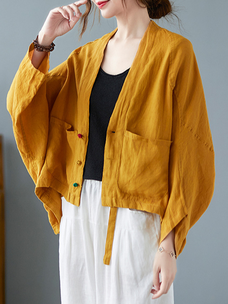 

Women's Plain Regular Loose Kimono, Yellow, Cardigans