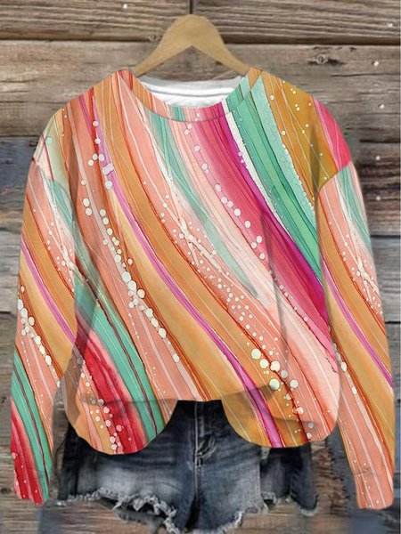 

Women's Crew Neck Abstract Stripes Casual Spring/Fall Cotton Long Sleeve Sweatshirt, Orange, Sweatshirts & Hoodies
