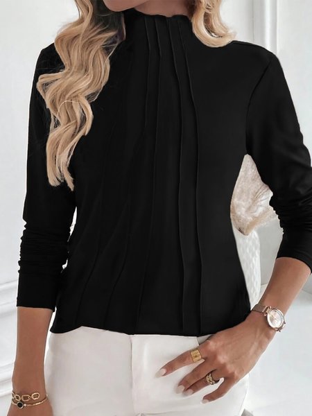 

Crew Neck Long Sleeve Plain Regular Micro-Elasticity Loose Blouse For Women, Black, Blouses