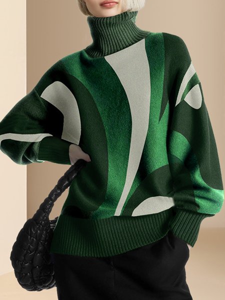 

Cozy Abstract Turtleneck Sweater, Green, Pullovers