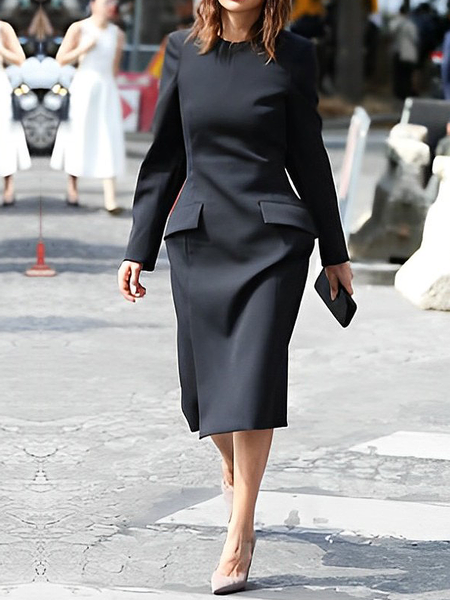 

Urban Commuting Plain Midi Dress, Black, Midi Dresses