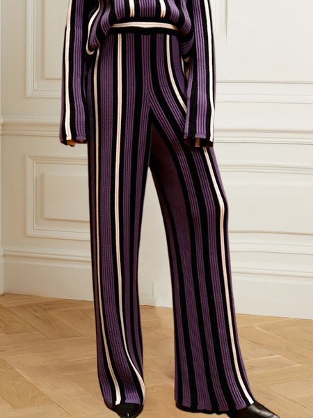 

Striped Loose Wide leg Casual Sweater Pants, Purple, Pants