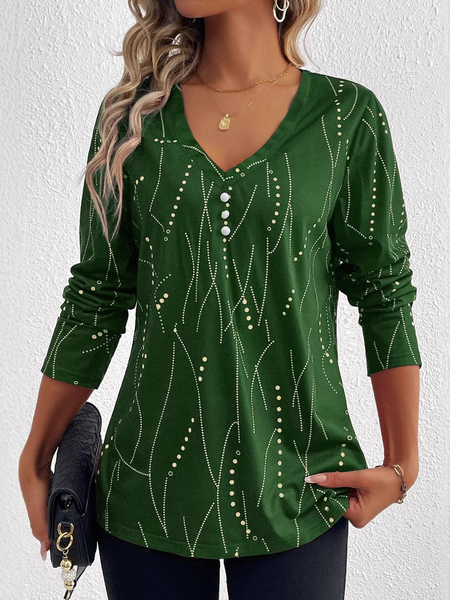 

Casual Geometric V Neck Long Sleeve T-shirt, Green, T-shirts
