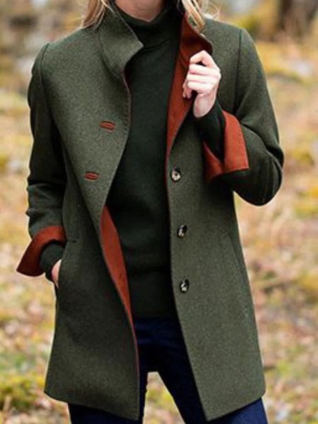 Casual Plain Crew Neck Loose Jacket, Green, Outerwear
