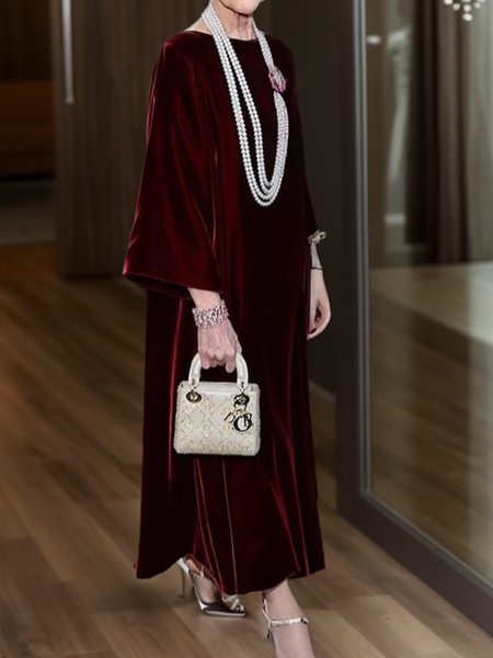 Micro-Elasticity Elegant Plain Bell Sleeve Loose Maxi Dress, Wine red, Maxi Dresses