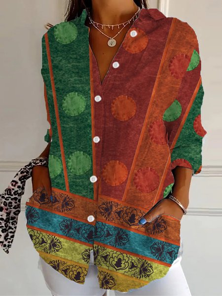 

Loose Casual Abstract Shirt Collar Shirt, Multicolor, Blouses