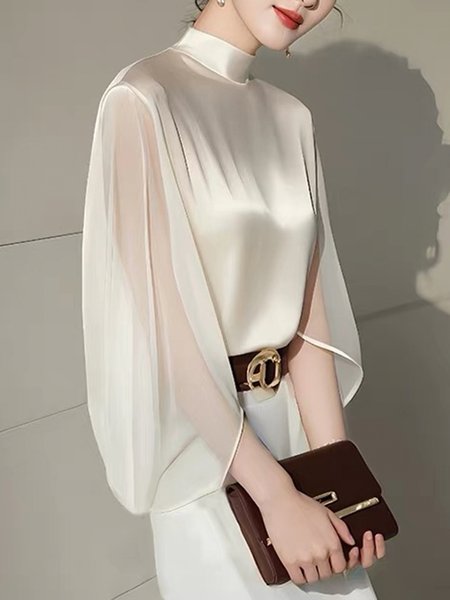 Flutter Sleeve Elegant Stand Collar Plain Blouse, Off white, Blouses and Shirts