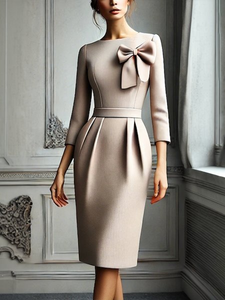 

Elegant Bow Crew Neck Plain Dress, As picture, Midi Dresses