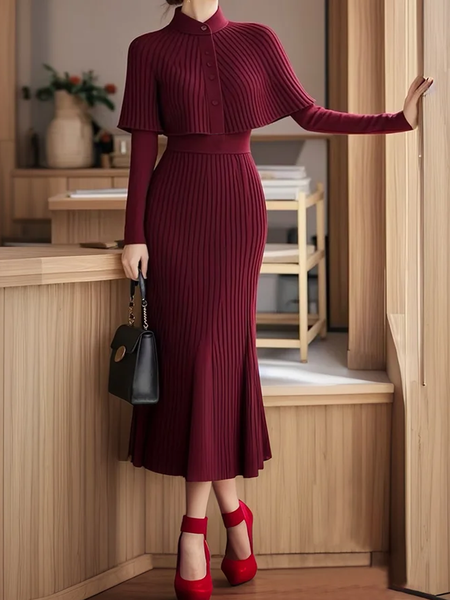 

Elegant High Elasticity Stand Collar Sweater Dress, Wine red, Midi Dresses
