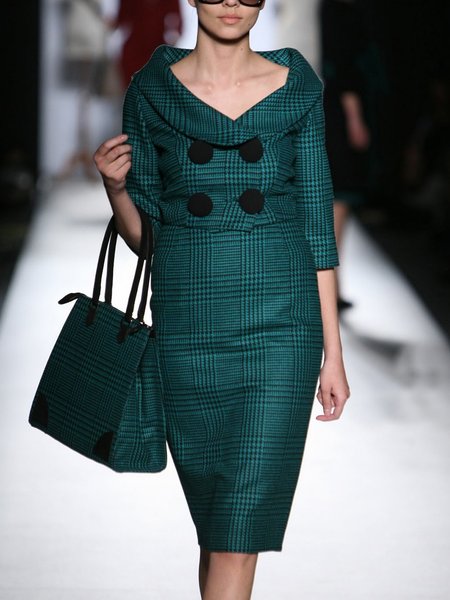 

Buttoned Plaid Urban Shawl Collar Two-Piece Set, Green, Two-piece Set
