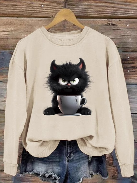 Casual Crew Neck Animal Sweatshirt, Apricot, Hoodies & Sweatshirts