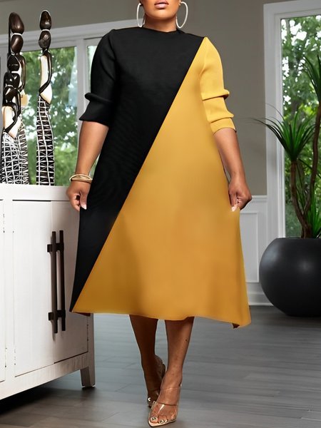 

Loose Casual Crew Neck Color Block Dress, As picture, Midi Dresses