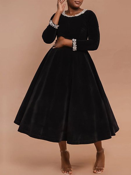 Crew Neck Velvet Plain Elegant Party Dress, Black, Maxi Dresses