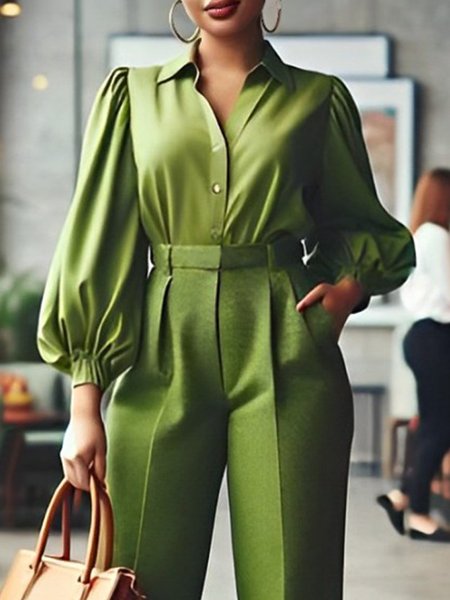 Shirt Collar Balloon Sleeve Urban Plain Shirt, Green, Blouses and Shirts