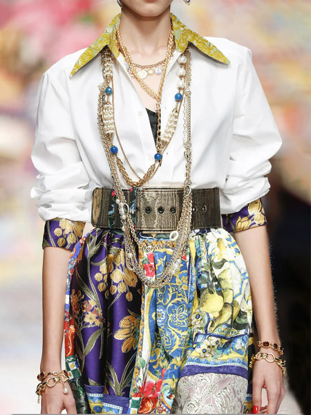 Urban Shirt Collar Random Print Regular Sleeve Split Joint Shirt, White, Blouses and Shirts
