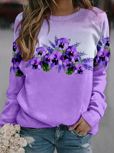 

Floral Print Long Sleeve Crew Neck Sweatshirt, Purple, Hoodies&Sweatshirts