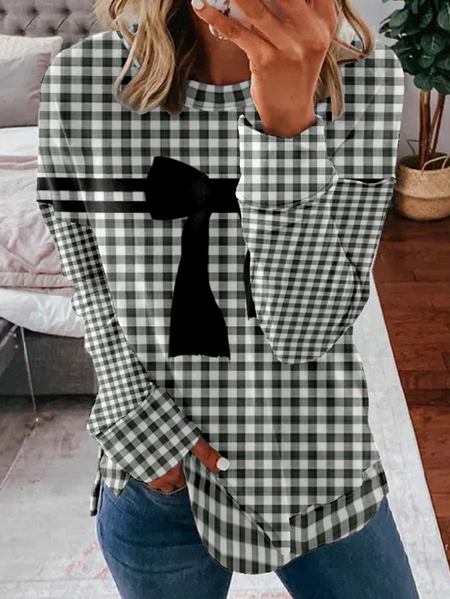 Plaid Loose Casual Sweatshirt, Black, Hoodies&Sweatshirts