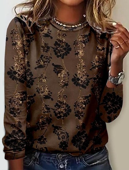 

Casual 3D Printing Loose T-Shirt, Brown, Long sleeves