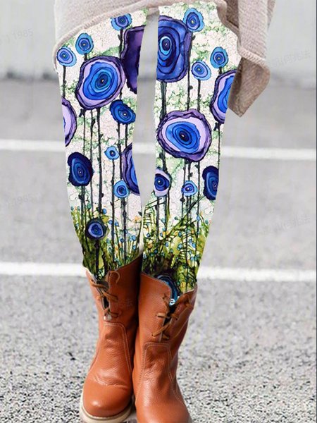 

Women's Casual Floral Jersey All Season Long Leggings, Blue, Leggings