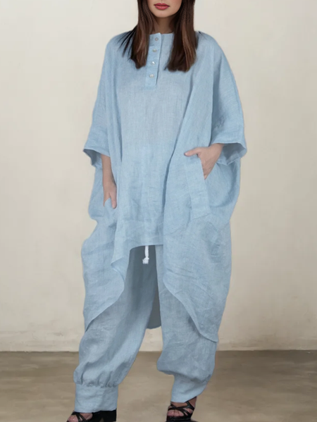 Plain Crew Neck Linen Two-Piece Set, Blue, Suits