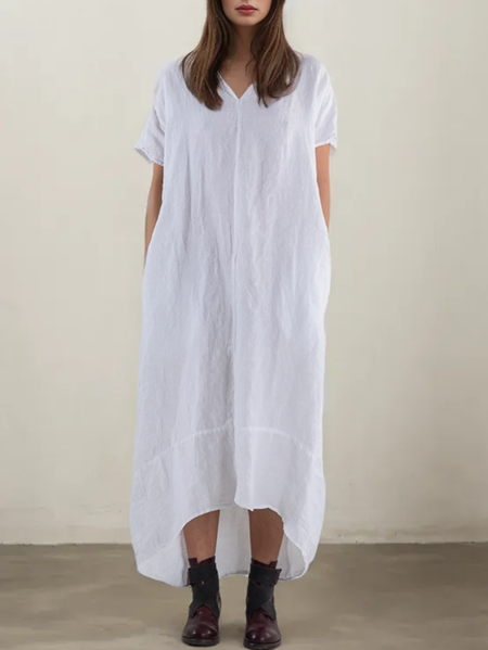 

Cotton And Linen Plain Linen Dress With No, White, Maxi Dresses