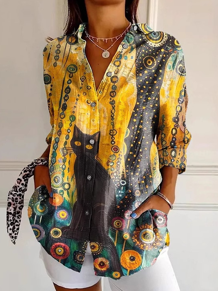 

Loose Casual Geometric Shirt Collar Shirt, Yellow, Blouses