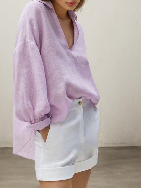 

Loose Linen Plain Shirt, Purple, Blouses & Shirts