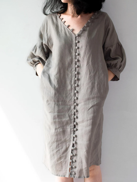Cotton And Linen Linen Dress, Gray, Midi Dresses