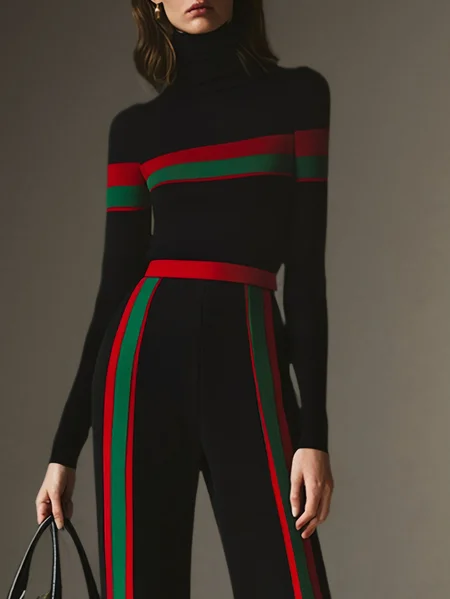 

Plus Size Urban Turtleneck Tight Regular Sleeve Color Block Sweater, Black, Plus Tops