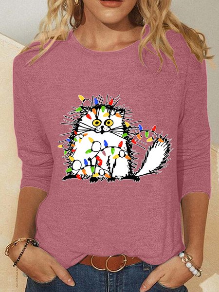 Christmas Cat Casual Long Sleeve Shirt, Watermelon, Long sleeves