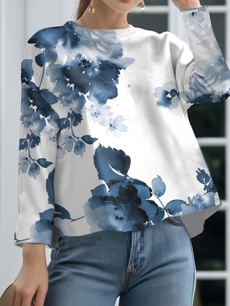 

Casual Loose Crew Neck Floral Blouse, White-blue, Blouses and Shirts