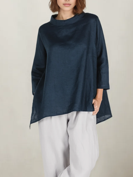 

Crew Neck Loose Linen Blouse, Blue, Blouses & Shirts