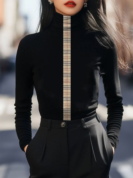 

Plaid Tight Urban Turtleneck T-Shirt, Black, Tees