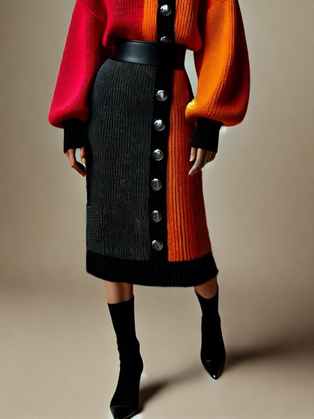 

Casual Color Block Buttoned Sweater Midi Skirt, As picture, Skirts