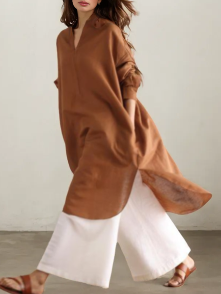 

Plain Loose Cotton And Linen Linen Dress, Brown, Maxi Dresses