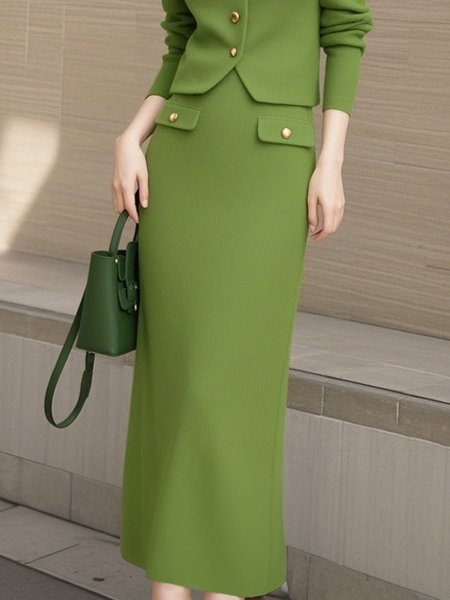 

Elegant Plain Buttoned Sweater Skirt, Green, Skirts